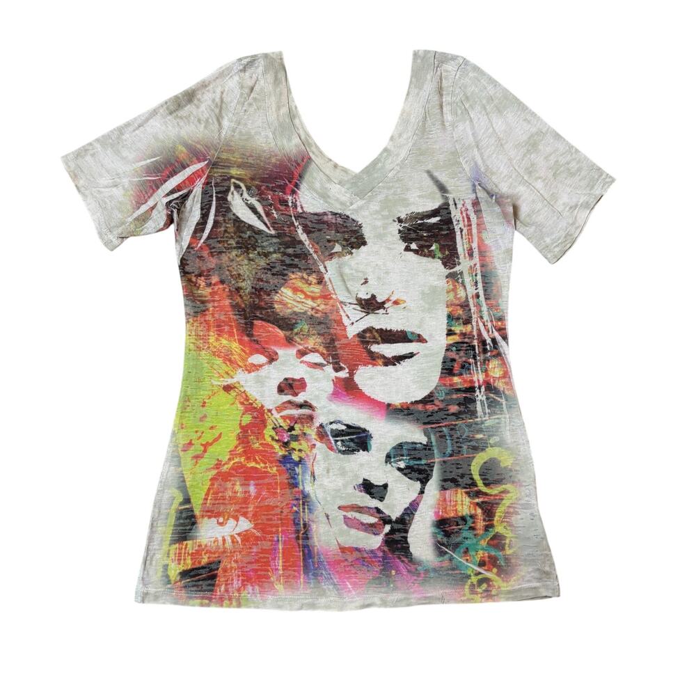 Vintage Le Chateau Y2K Print Slub Cotton V Neck T Shirt Women's M Grunge Brat